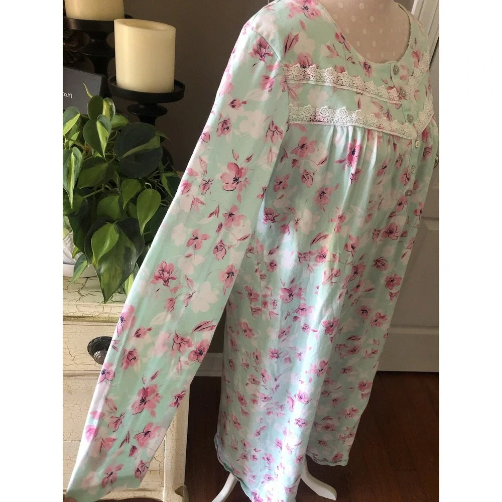 Vtg Floral Nightgown Long Sleeve 100% Cotton Knit Grannycore Green Pink Women L